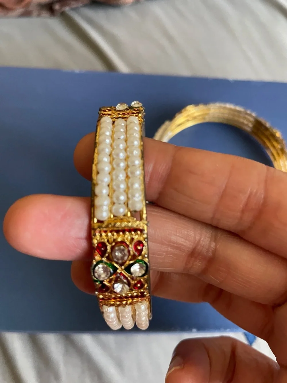 Pearl and Kundan Gold-Plated Bangle Set - White